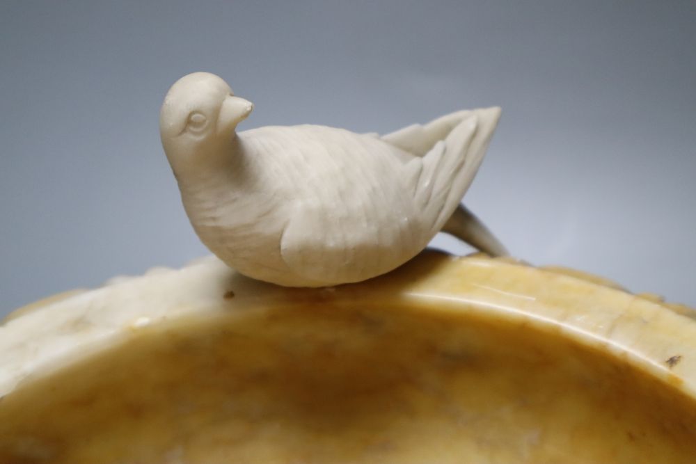 An Italian alabaster Doves of Pliny urn, 26cm diameter